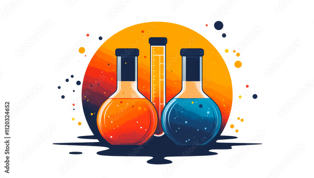 Poster three beakers of different colors are shown with a ruler in the middle. the beakers are arranged in 