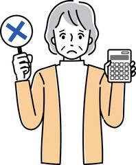 電卓と札を持っているシニア女性