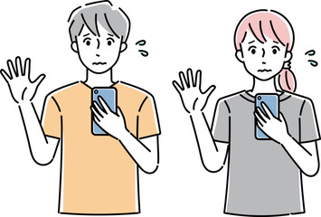 スマホを持って困っている男女