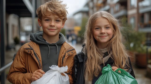 Ni&ntilde;os de 10 a&ntilde;os reciclando con bolsas de basura pl&aacute;sticas en sus manos. Dos ni&ntilde;os j&oacute;venes, apuestos y rubios.