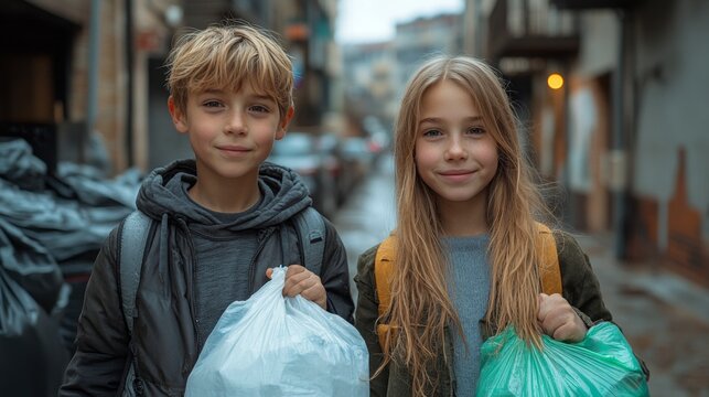 Ni&ntilde;os de 10 a&ntilde;os reciclando con bolsas de basura pl&aacute;sticas en sus manos. Dos ni&ntilde;os j&oacute;venes, apuestos y rubios.