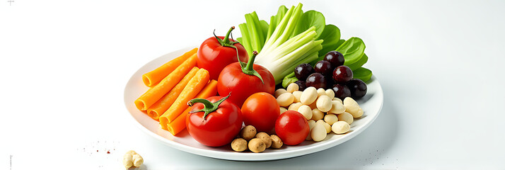 A white plate is filled with various vegetables, fruits and nuts on a clean isolated surface with some free space around it._00001_