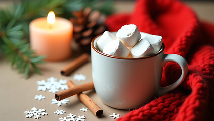 A warm winter scene featuring a mug with marshmallows, a candle, spices, pinecones, snowflakes, and a red scarf on a beige surface._00001_