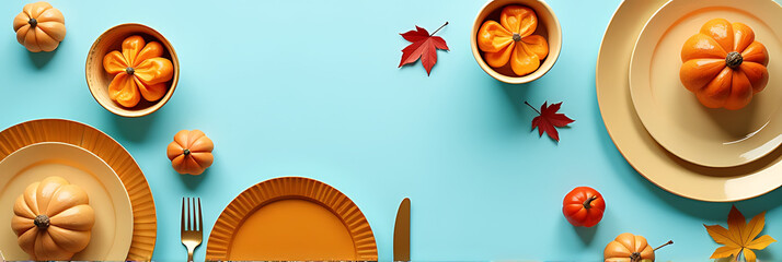 A warm Thanksgiving gathering is set against a light blue backdrop with golden dishes, cutlery, and autumnal accents in an isolated design._00001_