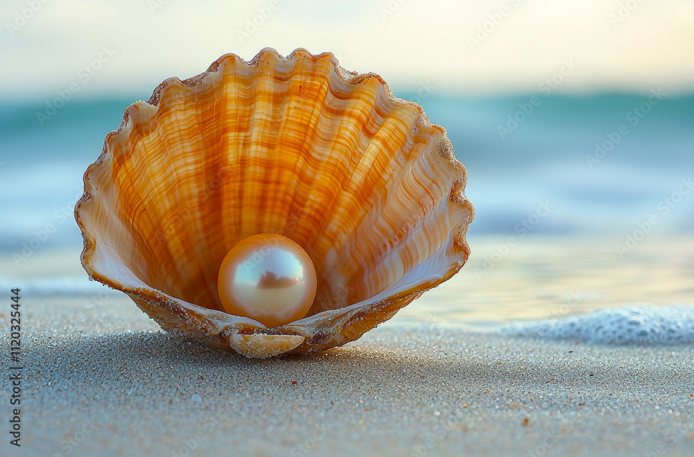 Poster a pearl is sitting inside a shell on a beach. the shell is open and the pearl is shining brightly. t