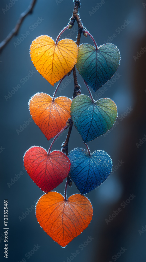 Poster a branch with a bunch of leaves that are all different colors and shaped like hearts. the leaves are