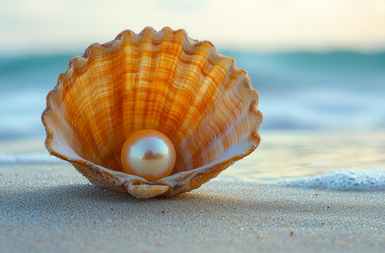 A pearl is sitting inside a shell on a beach. The shell is open and the pearl is shining brightly. The scene is peaceful and serene, with the ocean in the background