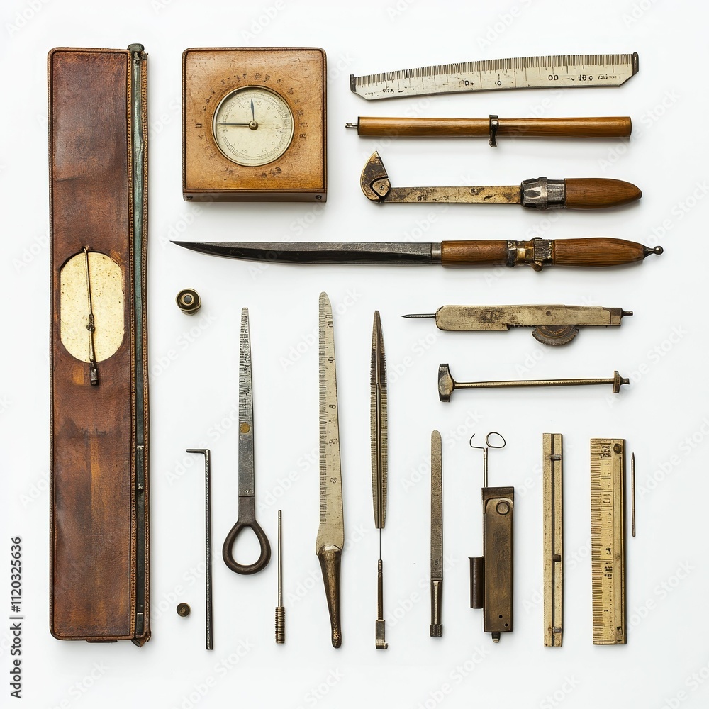 Poster antique measuring tools and instruments arranged neatly.