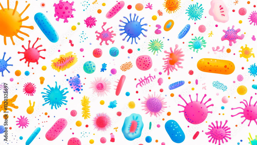 Poster a colorful image of various germs and bacteria. the image is vibrant and playful, with a sense of fu