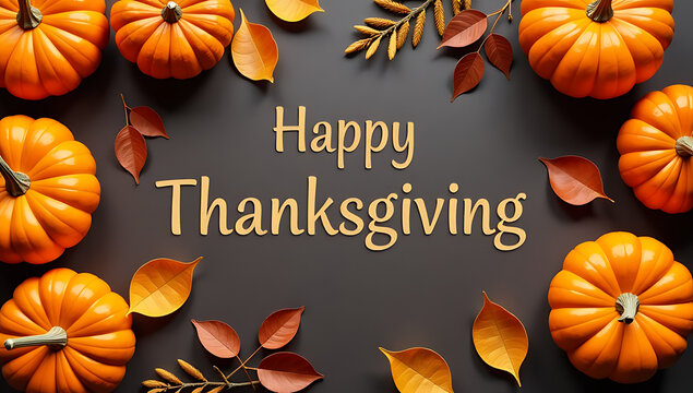 A warm and inviting Thanksgiving setting with golden accents, pumpkins, and heartfelt message on a richly textured brown surface._00001_