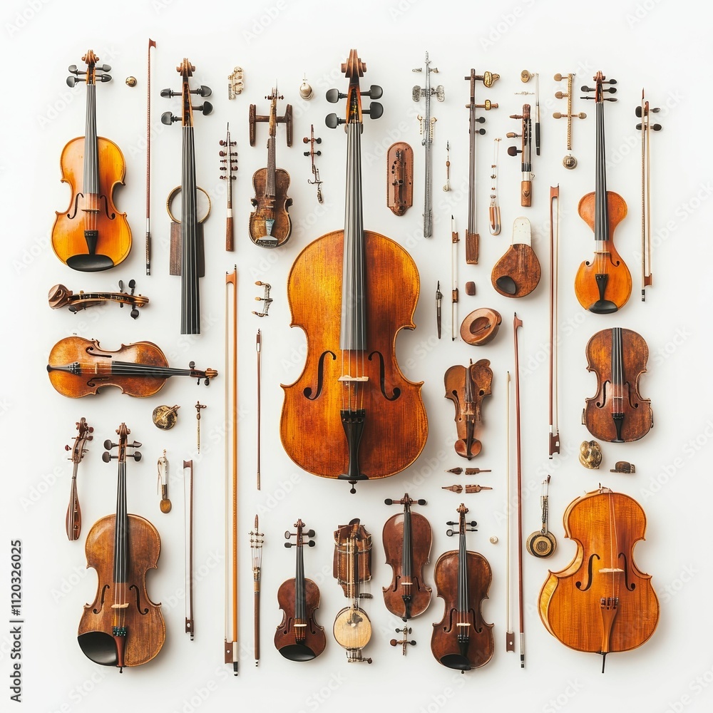 Poster string instruments arranged neatly on white background.