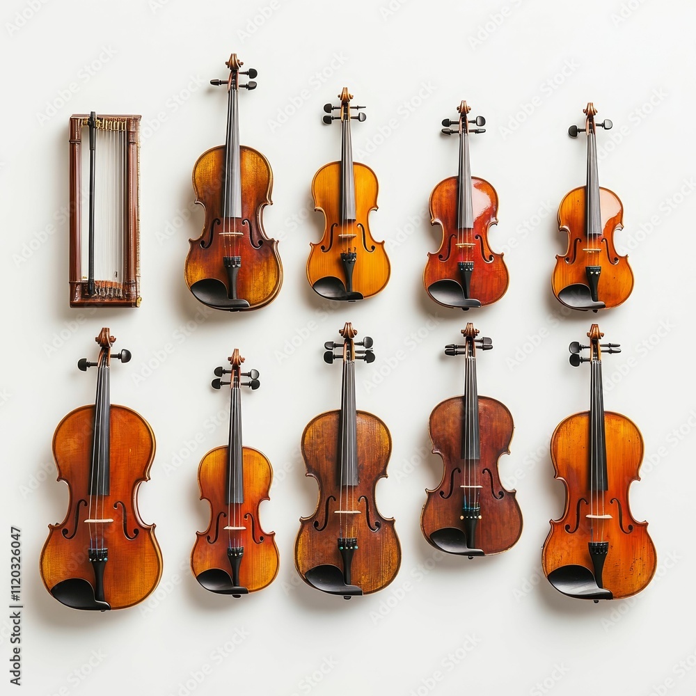 Poster stringed instruments arranged neatly on white wall.