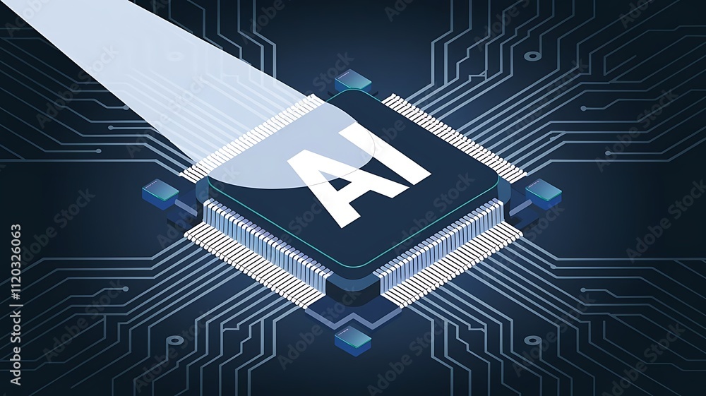 Poster ai word on microchip and colorful light spread with strong beam , ai concept with copy space banner 