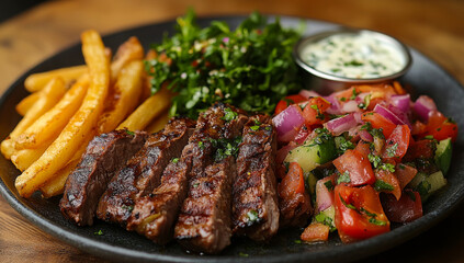 A plate of food with a steak, salad, and potatoes. The plate is black and the food is colorful