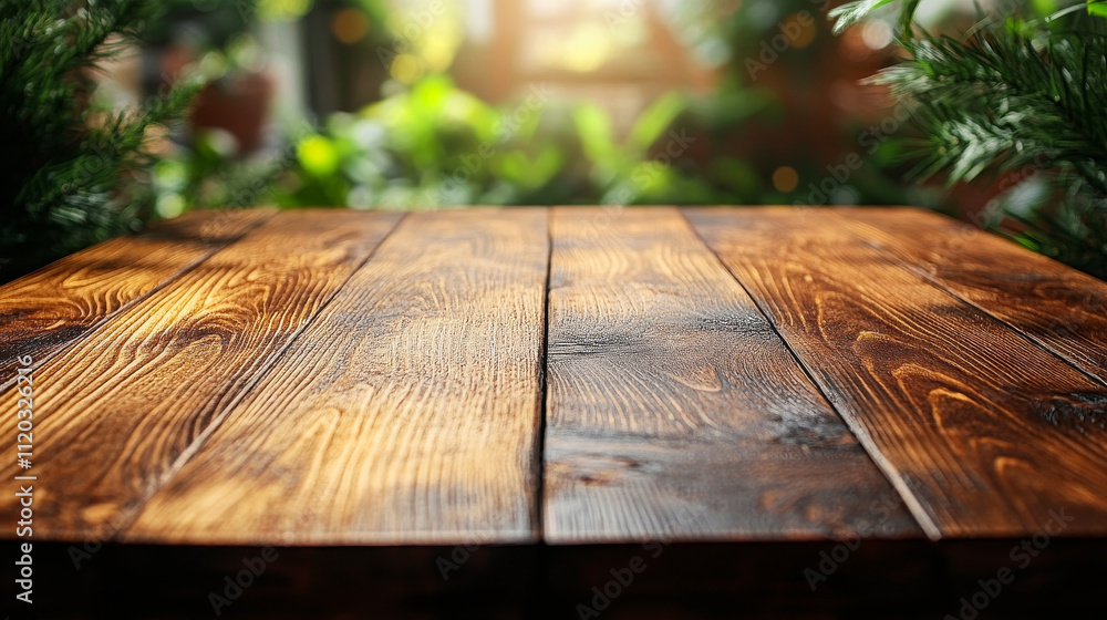 Poster a wooden table with a green background. the table is empty and has a natural, rustic feel to it