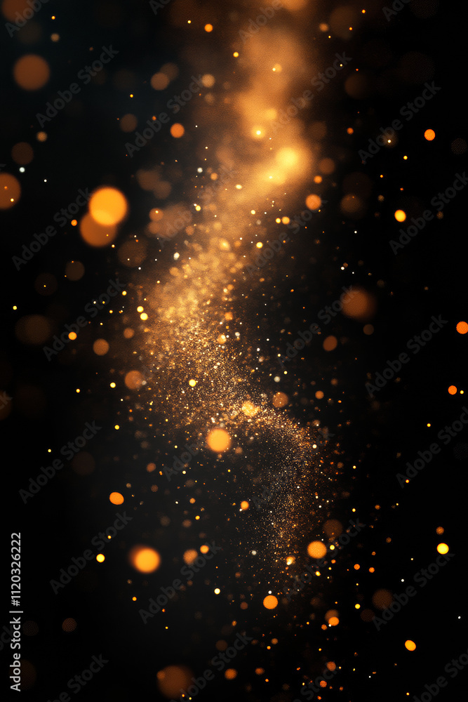 Poster a black and gold background with a long, curving line of bright gold sparkles. the sparkles are scat