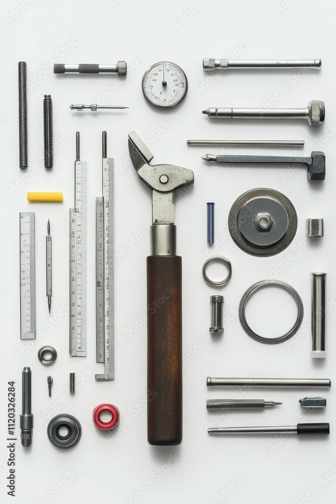Poster precision instruments arranged on white background.