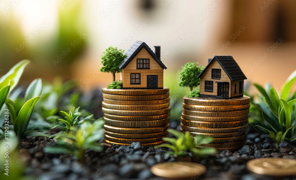 Poster two houses are on top of three stacks of coins. the houses are small and made of cardboard. the coin