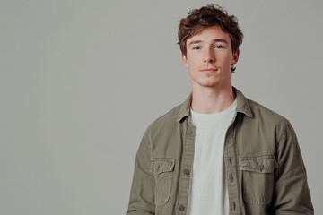 Obraz premium Confident Young Man Posing Against a Neutral Background in Casual Attire