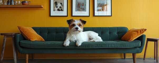 Charming dog lounging on a stylish dark green sofa
