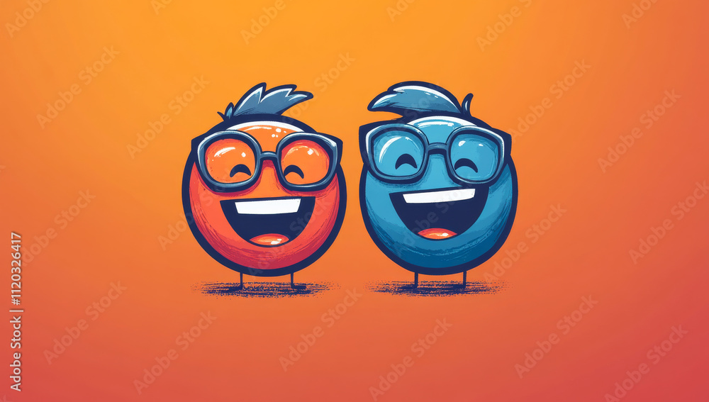 Poster Two cartoon characters are smiling and wearing glasses. The image has a playful and lighthearted mood. The characters are positioned close to each other, creating a sense of companionship