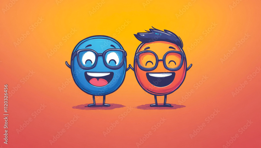Poster two cartoon characters are smiling and wearing glasses. they are holding hands and appear to be happ