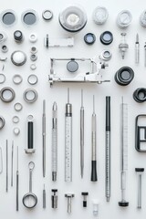 Precision instruments arranged symmetrically on white.