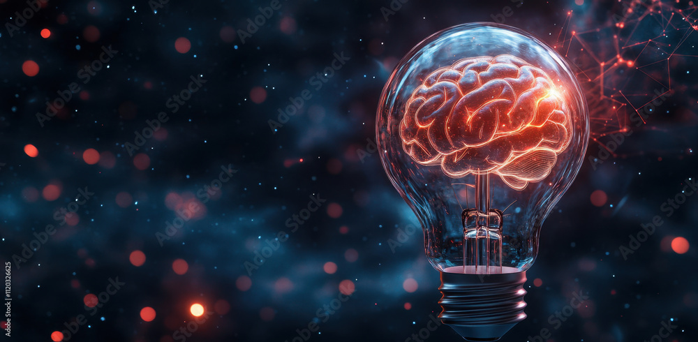 Poster the light bulb with a glowing brain inside symbolizes the concept of artificial intelligence and inn