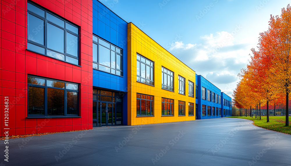Poster a row of colorful buildings with a green tree in the background. the buildings are bright and cheerf