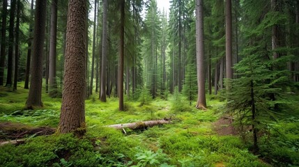 Fototapeta premium Forest landscape with tall trees and lush greenery during a calm and serene day in nature