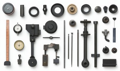 Obraz premium Antique tools arranged on white background.