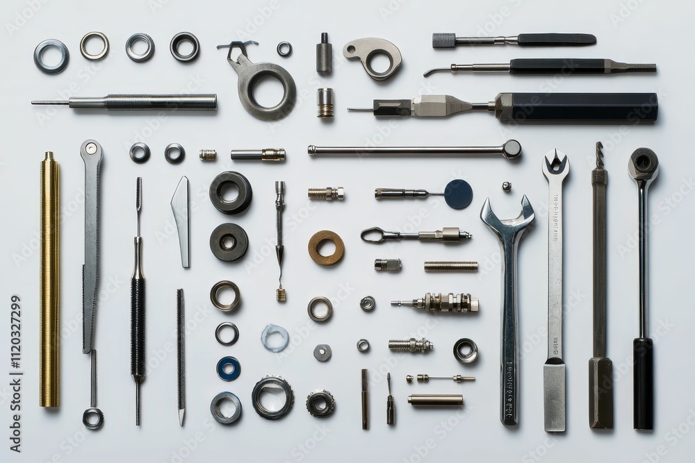 Poster precision tools and assorted metal parts arranged neatly.