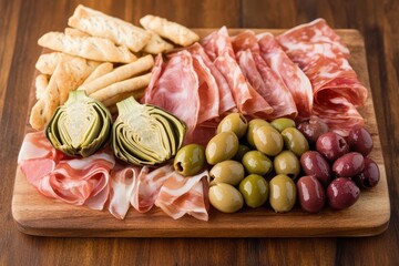 Antipasto board featuring prosciutto, marinated artichokes, olives, and breadsticks, perfect for sharing