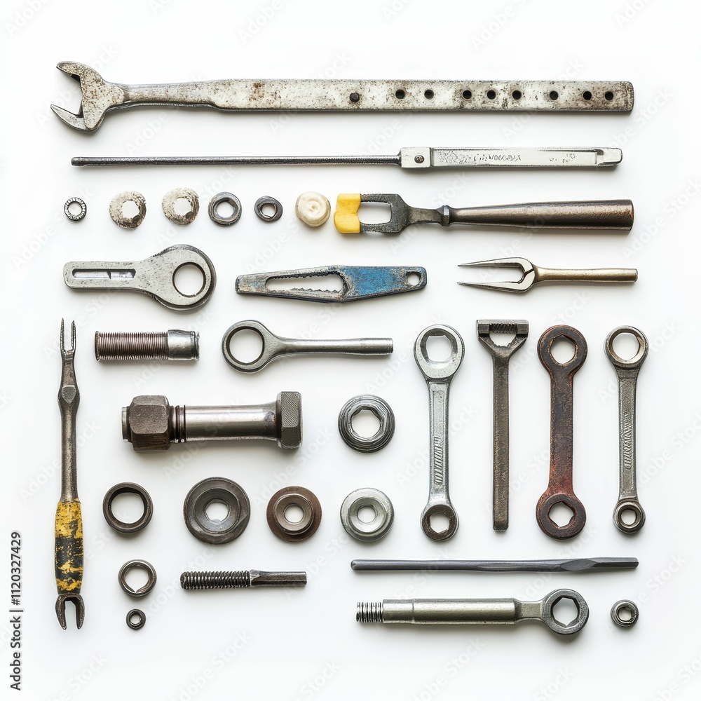 Poster assorted rusty tools and metal parts arranged neatly.