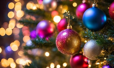 Christmas Tree With Baubles And Blurred Shiny Lights