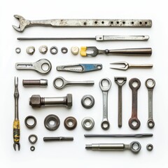 Fototapeta premium Assorted rusty tools and metal parts arranged neatly.