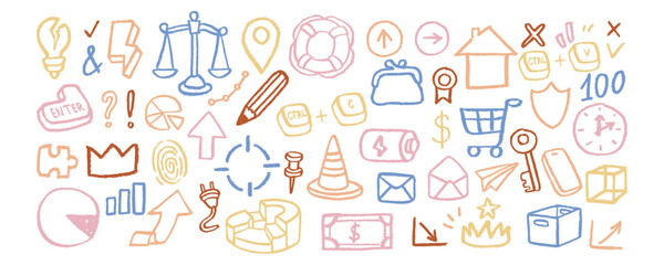 Chalk hand drawn business naive doodles line art kids style. Dry brush sketch texture. Concept of marketing, finance, success. Vector wax crayon illustration.	