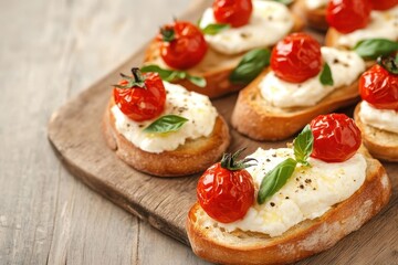 Bruschetta topped with creamy burrata and roasted cherry tomatoes, served on a rustic board
