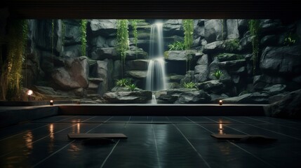 A photo of a calming indoor waterfall feature in a yoga place