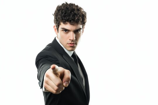 Angry man suit, accusing finger pointed.