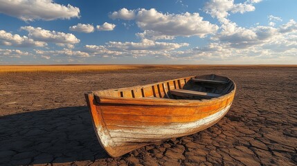 Old wooden boat stranded on dry cracked earth under a bright sky.