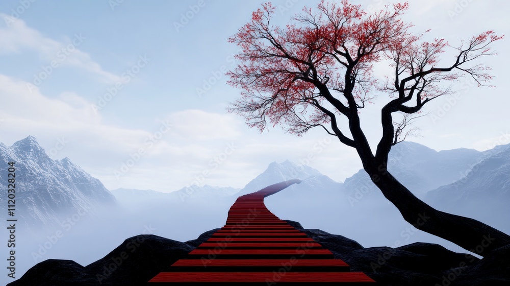 Poster a serene landscape featuring a red path and a lone tree.