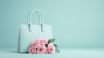 colorful bags and multicolored concept. Elegant mint handbag paired with pink roses against a soft turquoise background.