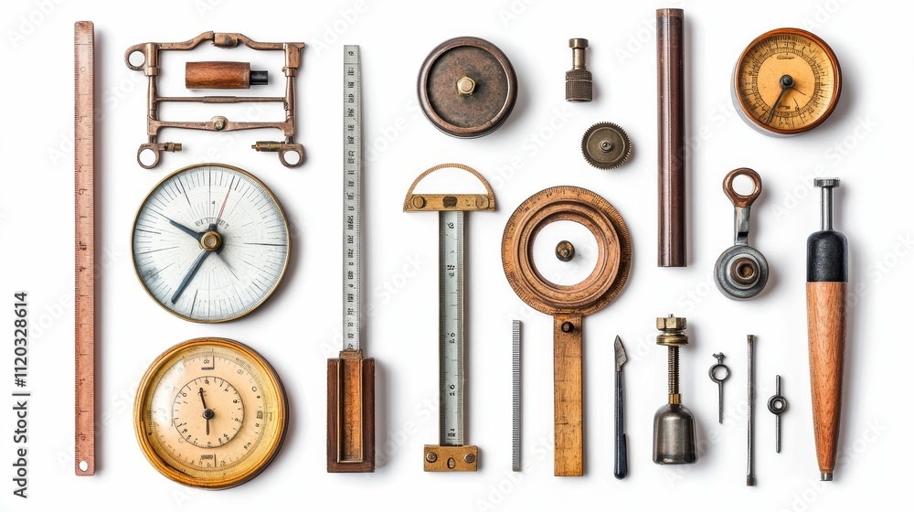 Poster antique measuring tools and instruments arranged neatly.