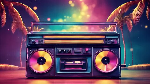 dance advertising party retro palms style invitation boombox disco s vintage 3d video banner cassette audio tape music isolated sound old white stereo object