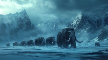 Mammoth herd trekking across a snowy, mountainous landscape under a dramatic sky.