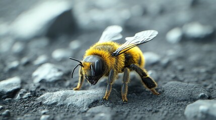 Close-up of a fuzzy bee on dark ground.