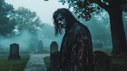 Fototapeta premium A man in a black coat stands in front of a cemetery
