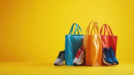Colorful shopping bags with sneakers on yellow background.