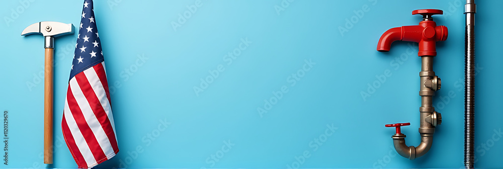 Poster a patriotic plumbing scene featuring a vertical usa flag and essential tools on a blue background wi